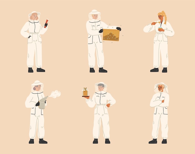 Conjunto aislado de personajes de invierno con traje de protección de abejas que sostienen diferentes herramientas de apicultura para la extracción y producción de miel Ilustración vectorial de cuidado de insectos