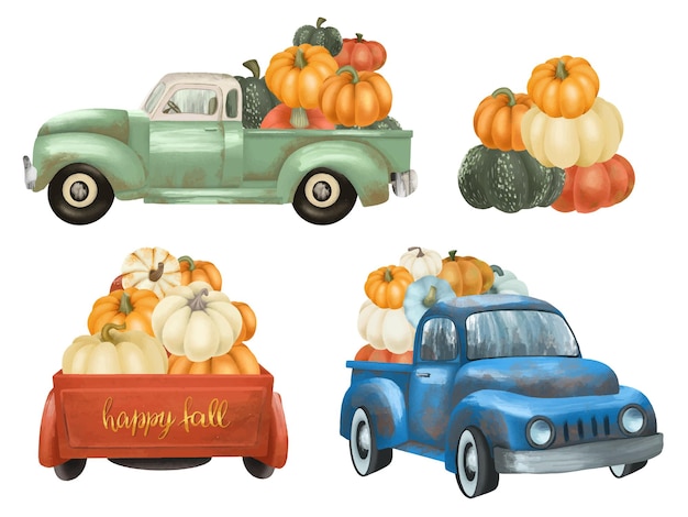 Vector conjunto, de, aislado, pintado a mano, camiones antiguos, con, calabazas, cosecha clipart