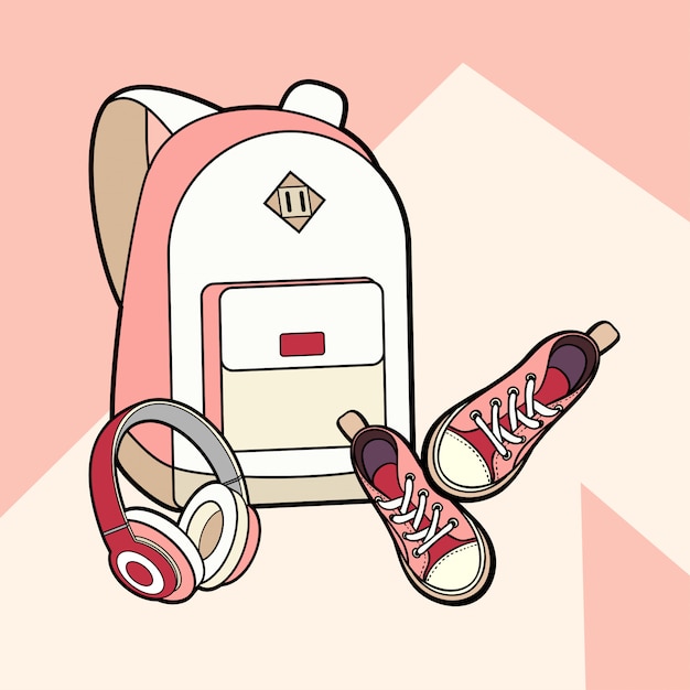 Conjunto aislado vector mochila, zapatillas y auriculares.