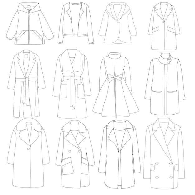 Conjunto aislado vectorial de bocetos de un abrigo femenino