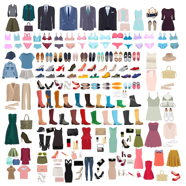 Conjunto aislado vectorial de ropa y zapatos para mujeres y hombres