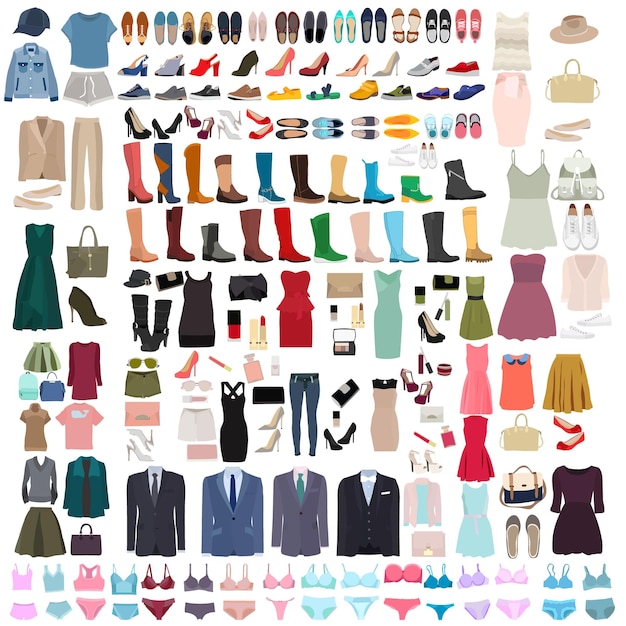 Conjunto aislado vectorial de ropa, zapatos y ropa de cama