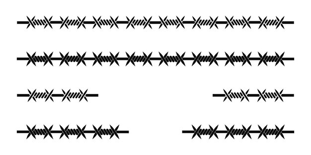 Conjunto con alambre de púas. Silueta vectorial del alambre de púas sobre fondo blanco.