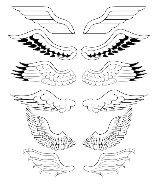 Conjunto de alas heráldicas de ángeles y demonios, ilustración de contorno vectorial