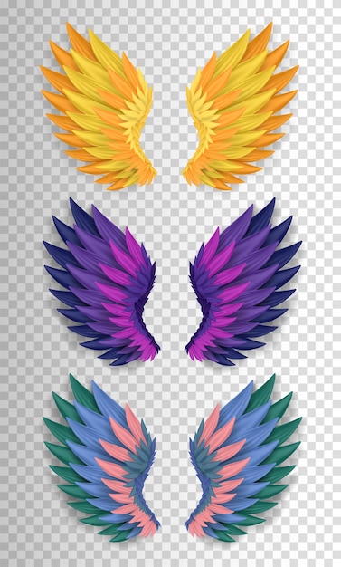 Conjunto de alas realistas tridimensionales. Alas mágicas de ángel o pájaro doradas, moradas y coloridas.