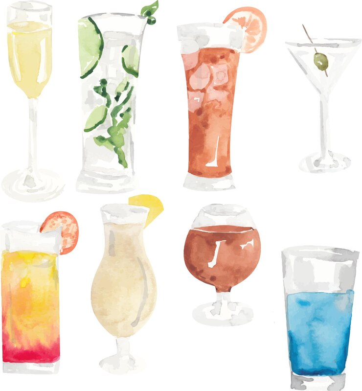 Conjunto de alcohol acuarela Muchas botellas y vasos sobre fondo blanco.