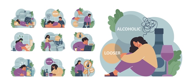 Conjunto de alcoholismo femenino mujer que sufre de consumo excesivo de alcohol