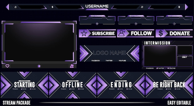 Conjunto de alertas de cámara frontal superpuestas de transmisión en vivo de Neon Purple y otros elementos de diseño