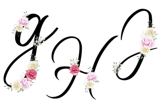 Conjunto de alfabeto floral - letras A, B, C, D, con composición de ramo de flores
