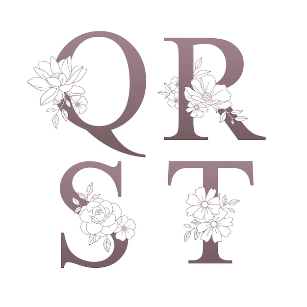 Vector conjunto de alfabeto floral de logotipo q r s t con flores y hojas dibujadas a mano para invitación de boda