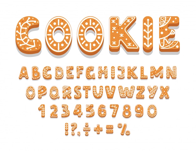 Conjunto de alfabeto de galletas de jengibre, números, convite de vacaciones, pasteles dulces de diferentes formas, signos de puntuación, ilustración.