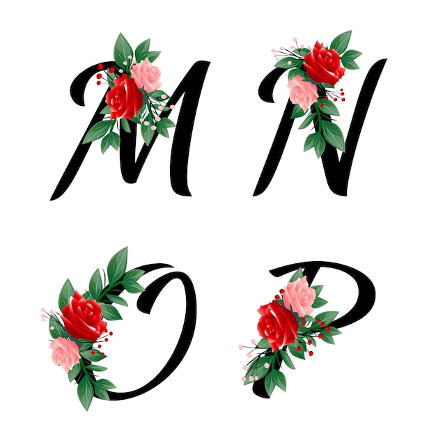 Vector conjunto de alfabeto de mnop con decoración floral.