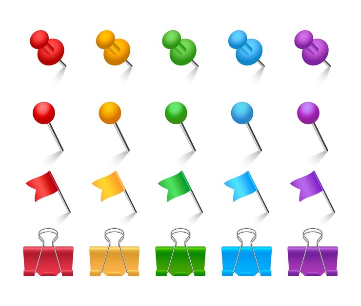 Vector conjunto de alfileres y clips de papel clips de carpeta de colores alfileres banderas y tachuelas