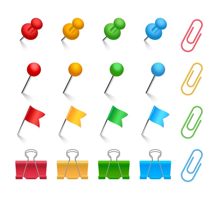 Vector conjunto de alfileres y clips de papel clips de carpeta de colores alfileres banderas y tachuelas