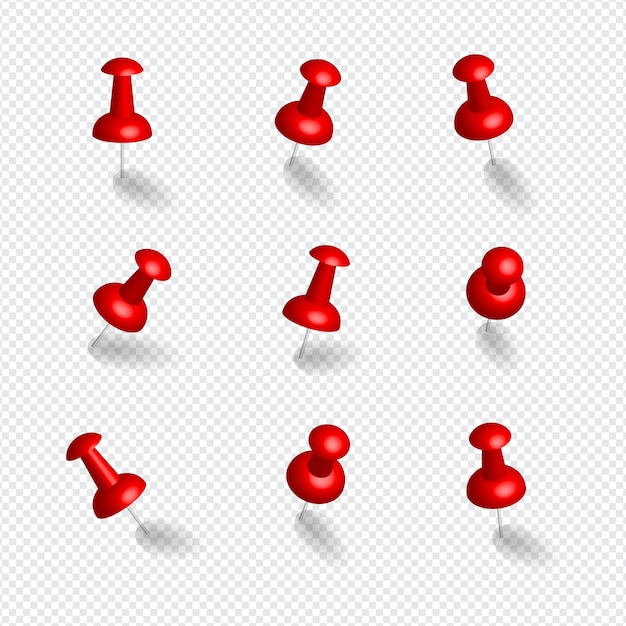 Vector conjunto de alfileres realistas 3d, chinchetas en color rojo. organizador
