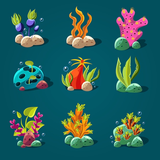 Conjunto de algas de dibujos animados, elementos para la decoración del acuario.