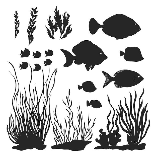 conjunto de algas de fondo marino pescado de silueta negra vector aislado