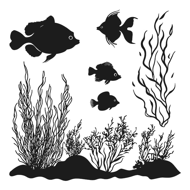 conjunto de algas de fondo marino pescado de silueta negra vector aislado