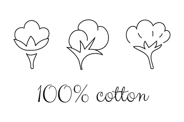 Conjunto de algodón de flores orgánicas naturales etiquetas e insignias dibujadas a mano 100 por ciento de letras de texto