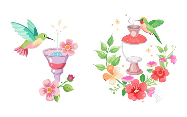 Vector conjunto de alimentador de pájaros con ilustración vectorial de colibrí