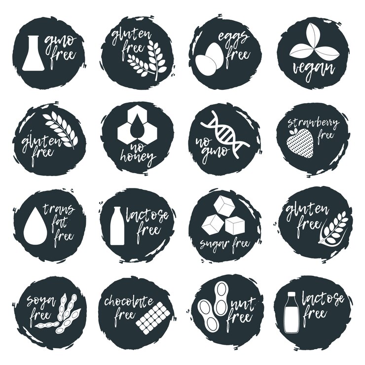 Conjunto de alimentos alergénicos, icono y logotipo de productos libres de OMG. Intolerancia y alergia alimentaria. Concepto negro y simple ilustración y arte aislado