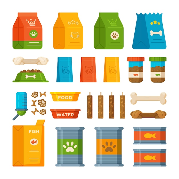Conjunto de alimentos para animales Ilustración vectorial de una variedad de alimentos para mascotas