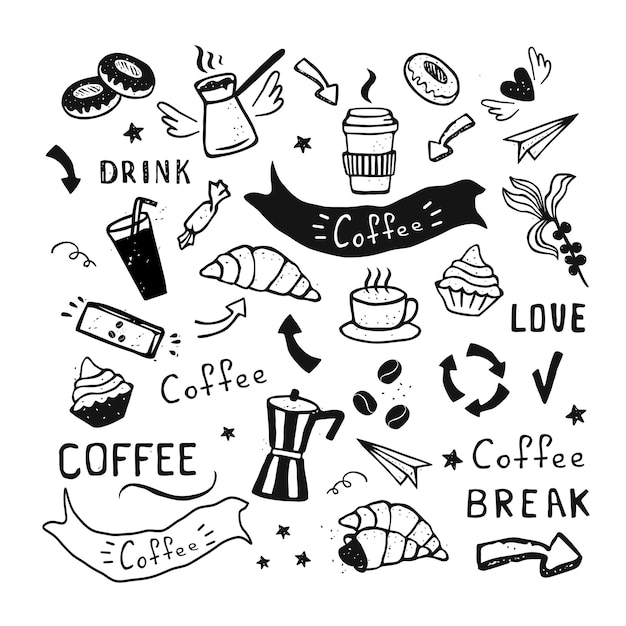 Un conjunto de alimentos y bebidas dibujados a mano con líneas, aislado en un fondo blanco. ilustración vectorial