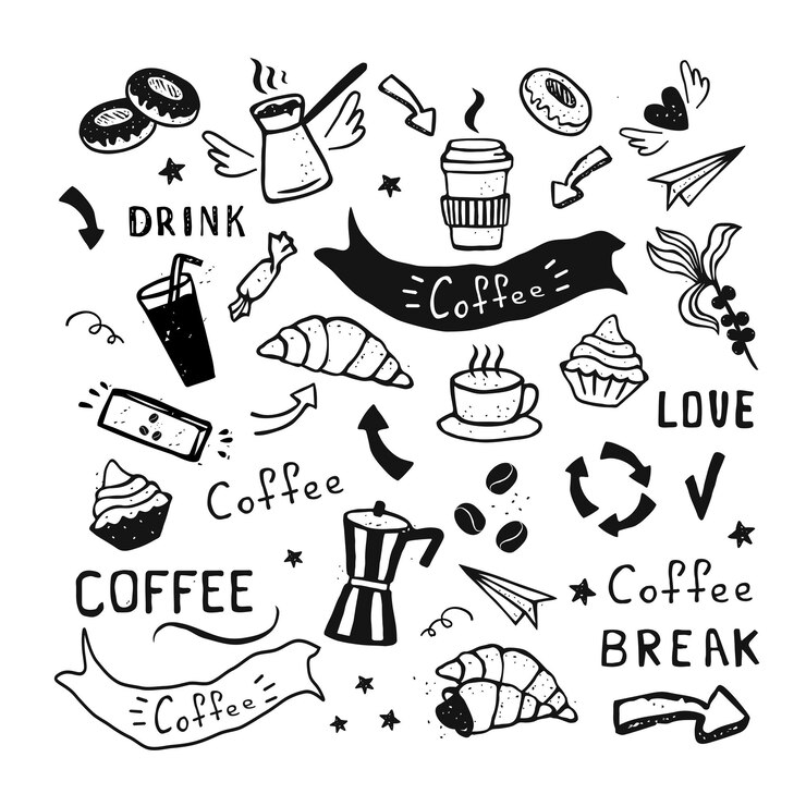Un conjunto de alimentos y bebidas dibujados a mano con líneas, aislado en un fondo blanco. ilustración vectorial
