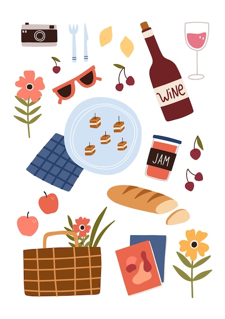 Conjunto de alimentos, bebidas y otros elementos esenciales de picnic. Ilustración de vector dibujado a mano.