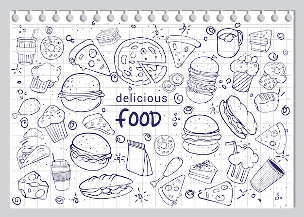 Conjunto de alimentos dibujados a mano aislado sobre fondo de papel blanco, ilustración vectorial doodle.