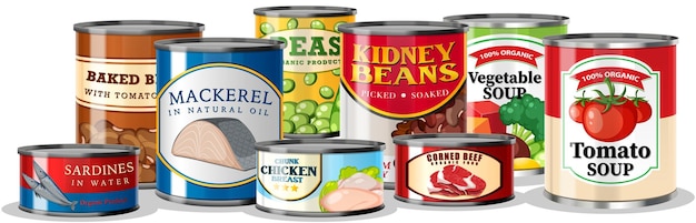 Conjunto de alimentos enlatados aislado
