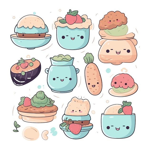 Vector conjunto de alimentos en ilustración vectorial de estilo kawaii