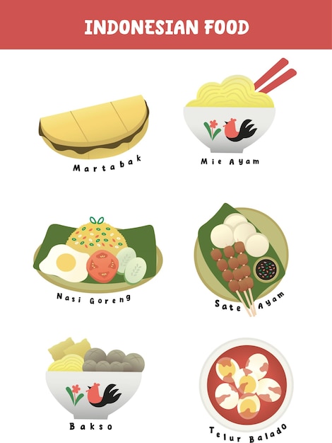 Conjunto de alimentos de Indonesia, como las albóndigas de fideos, el arroz frito, los huevos balado y el martabak.