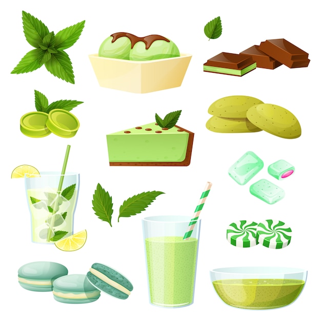 Conjunto de alimentos de menta, colección de postres y bebidas en blanco, ilustración