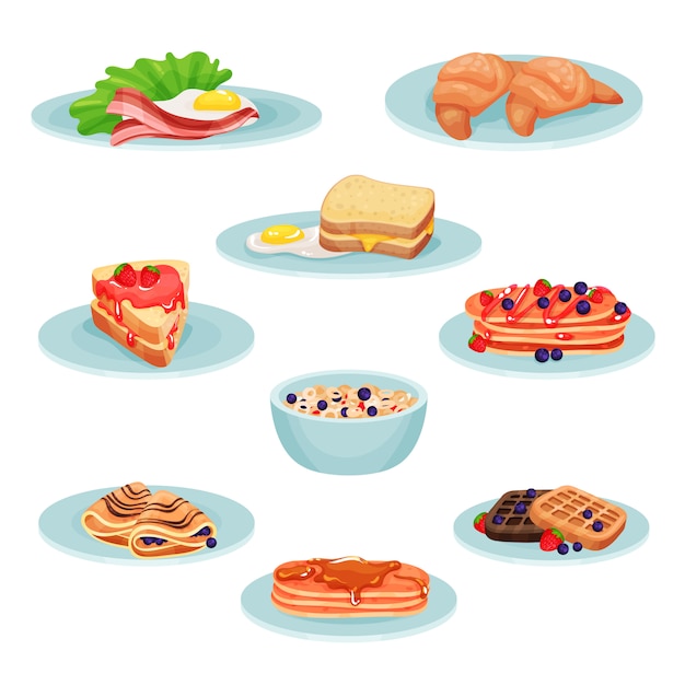 Conjunto de alimentos de menú de desayuno, acon, huevos fritos, croissant, sándwich, panqueques, muesli, obleas ilustración sobre un fondo blanco