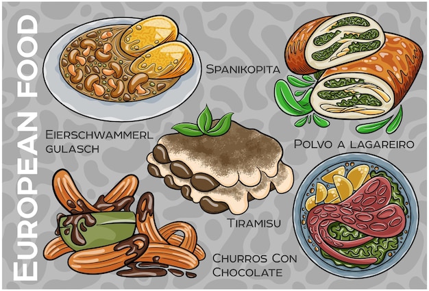 Conjunto de alimentos populares de europa central occidental vector dibujado a mano