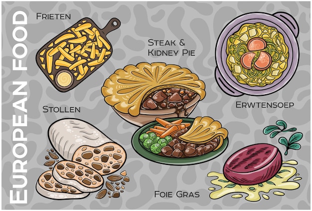 Conjunto de alimentos populares de Europa Central Occidental Vector dibujado a mano