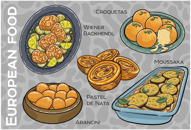 Conjunto de alimentos populares de Europa Central Occidental Vector dibujado a mano