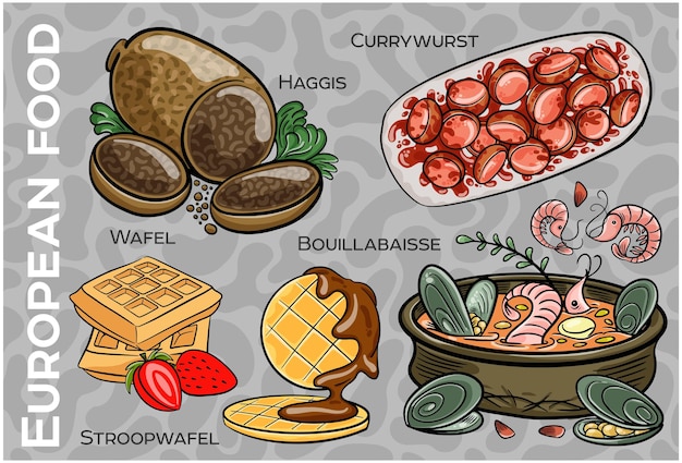 Conjunto de alimentos populares de europa central occidental vector dibujado a mano