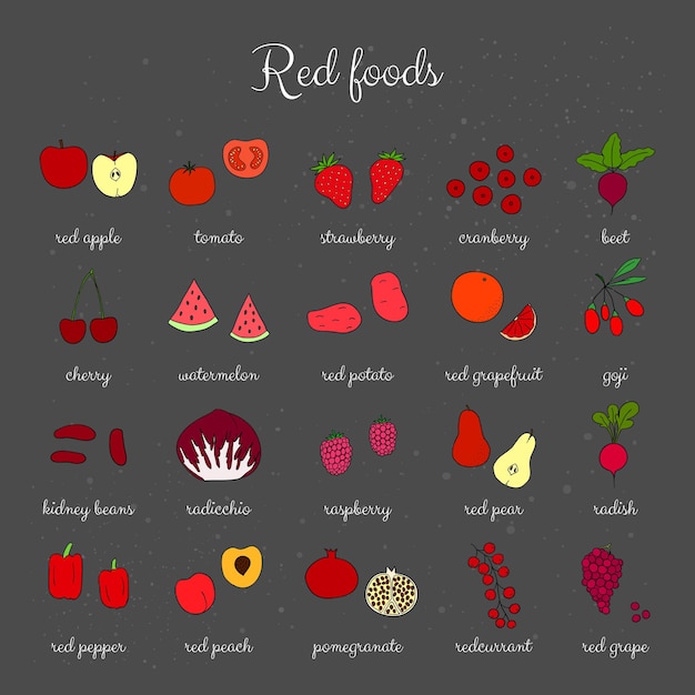 Conjunto de alimentos rojos dibujados a mano