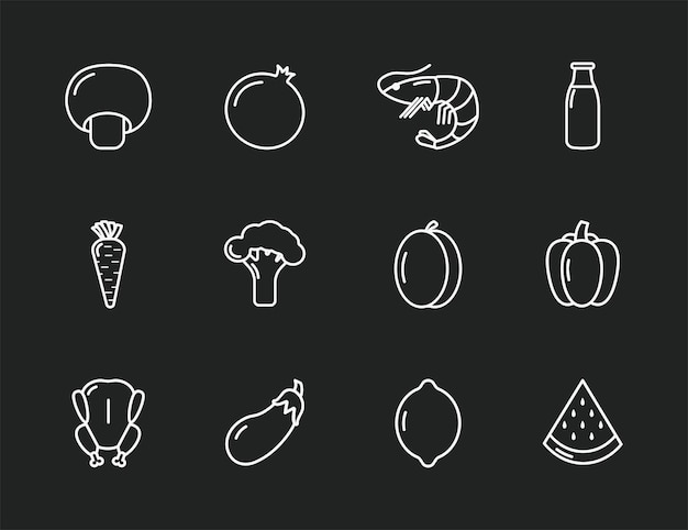 Conjunto de alimentos saludables 12 iconos de línea de alimentos conjunto Iconos blancos de alimentos saludables en estilo de contorno