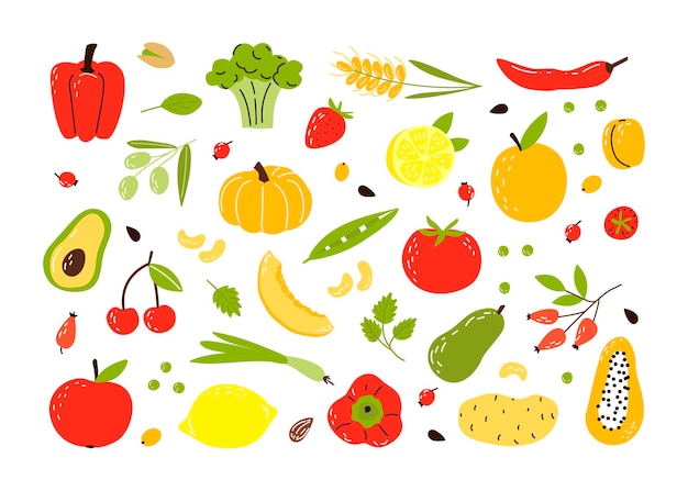 Conjunto de alimentos saludables. Frutas, verduras y frutos secos. Ilustración de vector plano de dibujos animados aislado sobre fondo blanco.