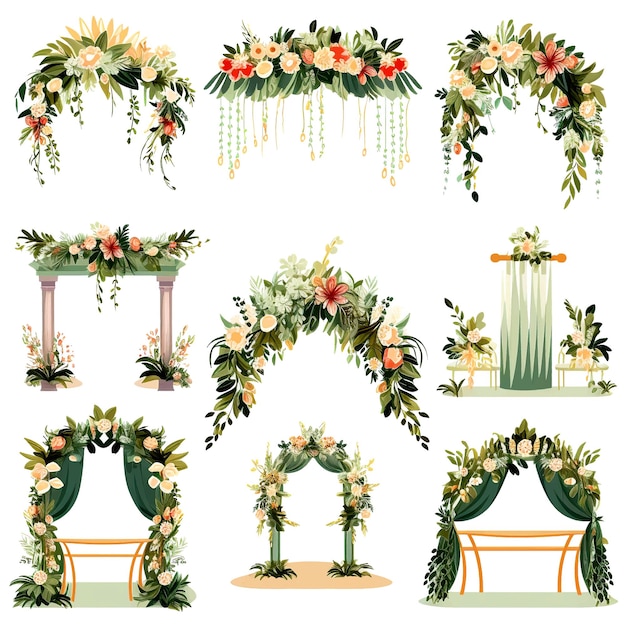 Vector conjunto de altares de boda vectoriales para la ceremonia de matrimonio decorados con flores