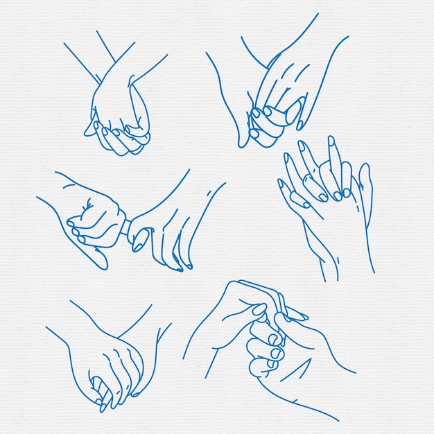 Conjunto de amantes parejas tomados de la mano, dibujo de línea de vector de gesto de mano