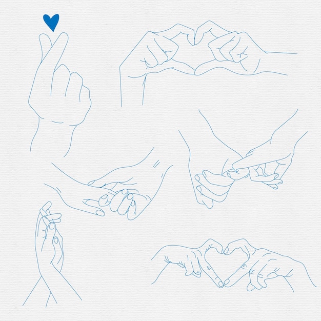 Conjunto de amantes parejas tomados de la mano, dibujo de línea de vector de gesto de mano