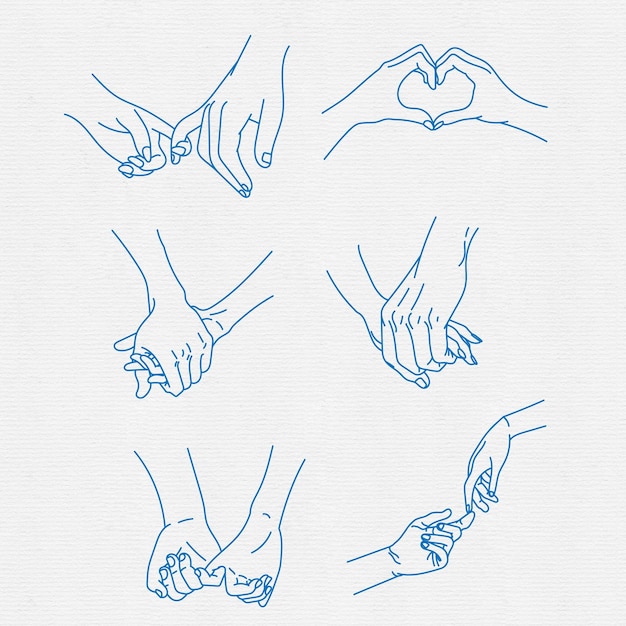 Conjunto de amantes parejas tomados de la mano, dibujo de línea de vector de gesto de mano