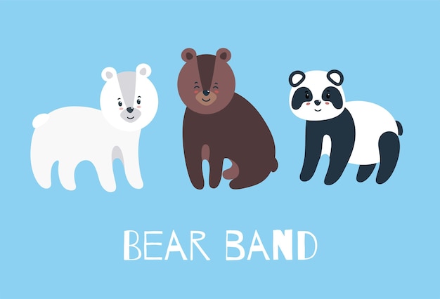 Conjunto de amigos peludos oso polar oso de peluche y panda ilustración vectorial en estilo plano