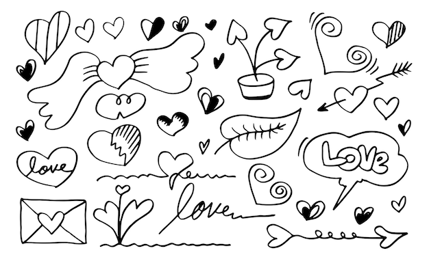 Conjunto de amor Dibujo a mano estilo Doodle para su diseño