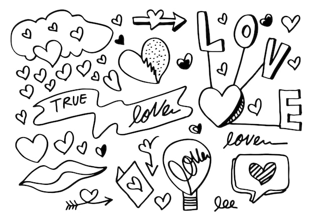 Conjunto de amor dibujo a mano estilo Doodle para su diseño