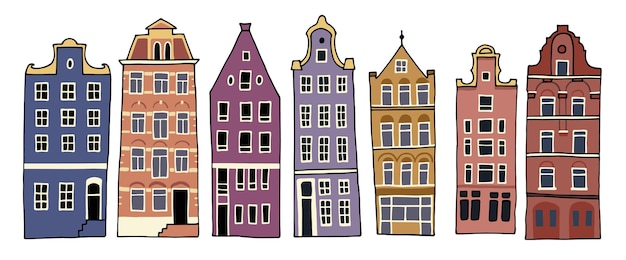 Conjunto de ámsterdam. ciudad europea. ilustración vectorial dibujada a mano. esquema de dibujos animados alberga fachadas.